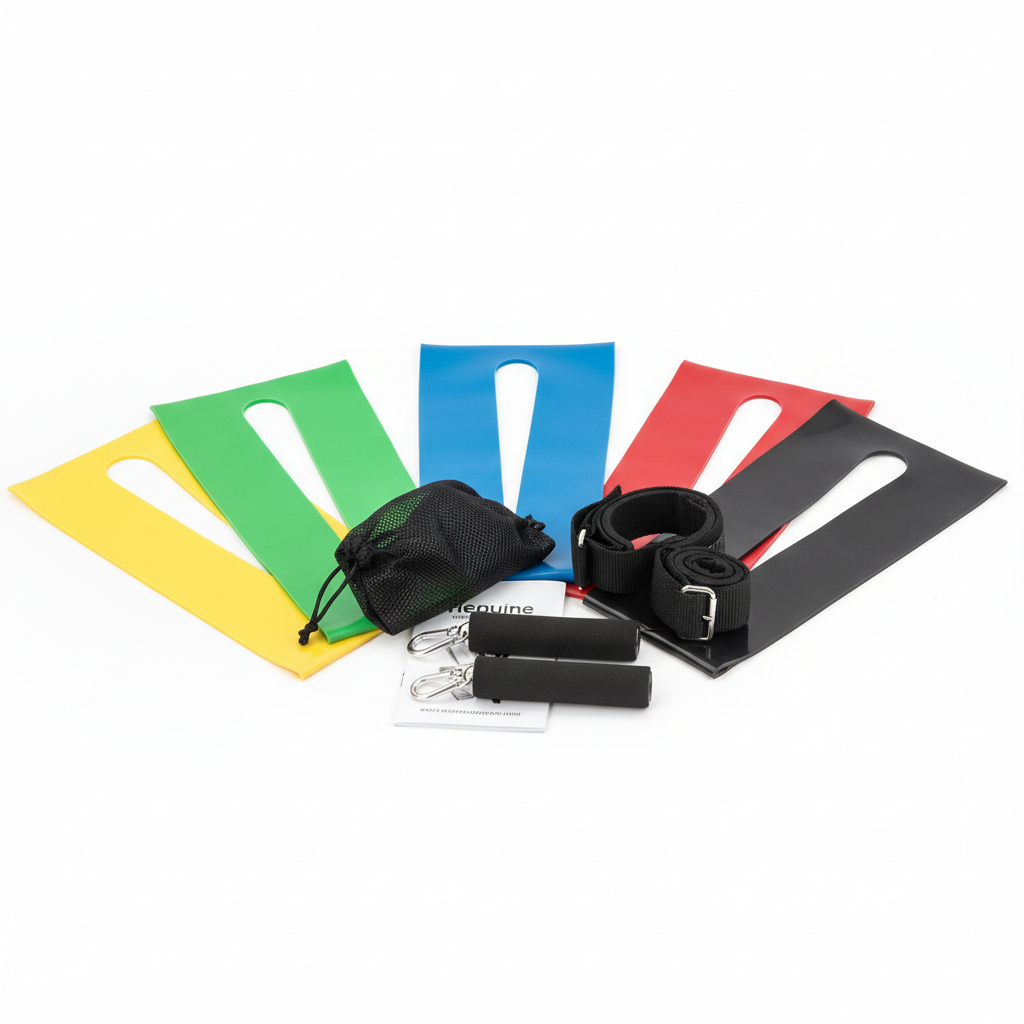 Colorful resistance band set laid out on white background