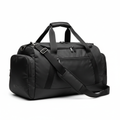Sleek black gym duffel bag with side pockets and shoulder strap on white background